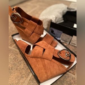 CHANEL Brown Wedges with Silver Buckle